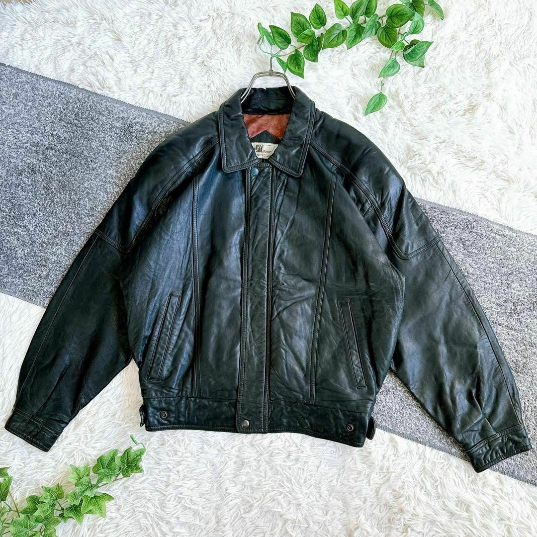 韓国古着 オールド レザージャケット 黒 革ジャン 裏地総柄 羊革 短丈