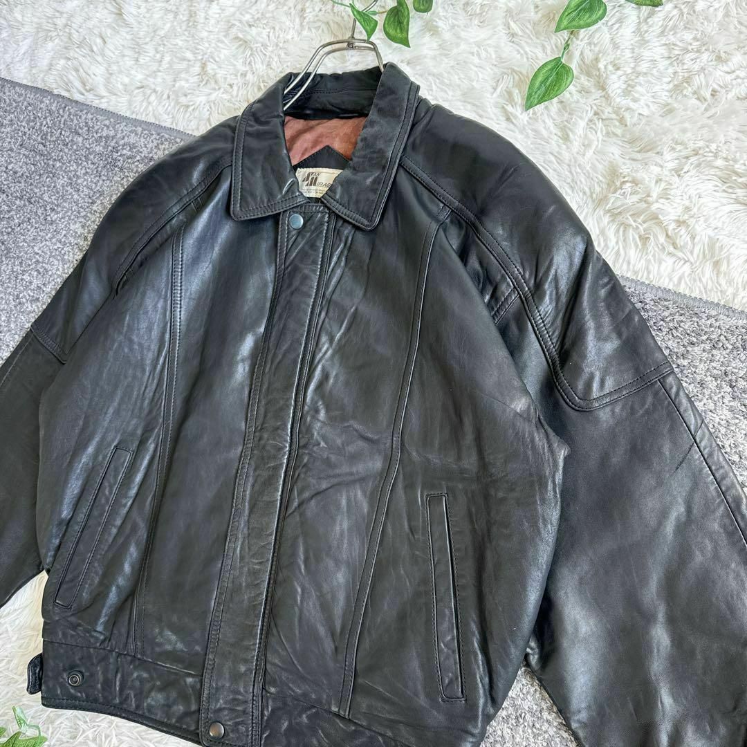韓国古着 オールド レザージャケット 黒 革ジャン 裏地総柄 羊革 短丈