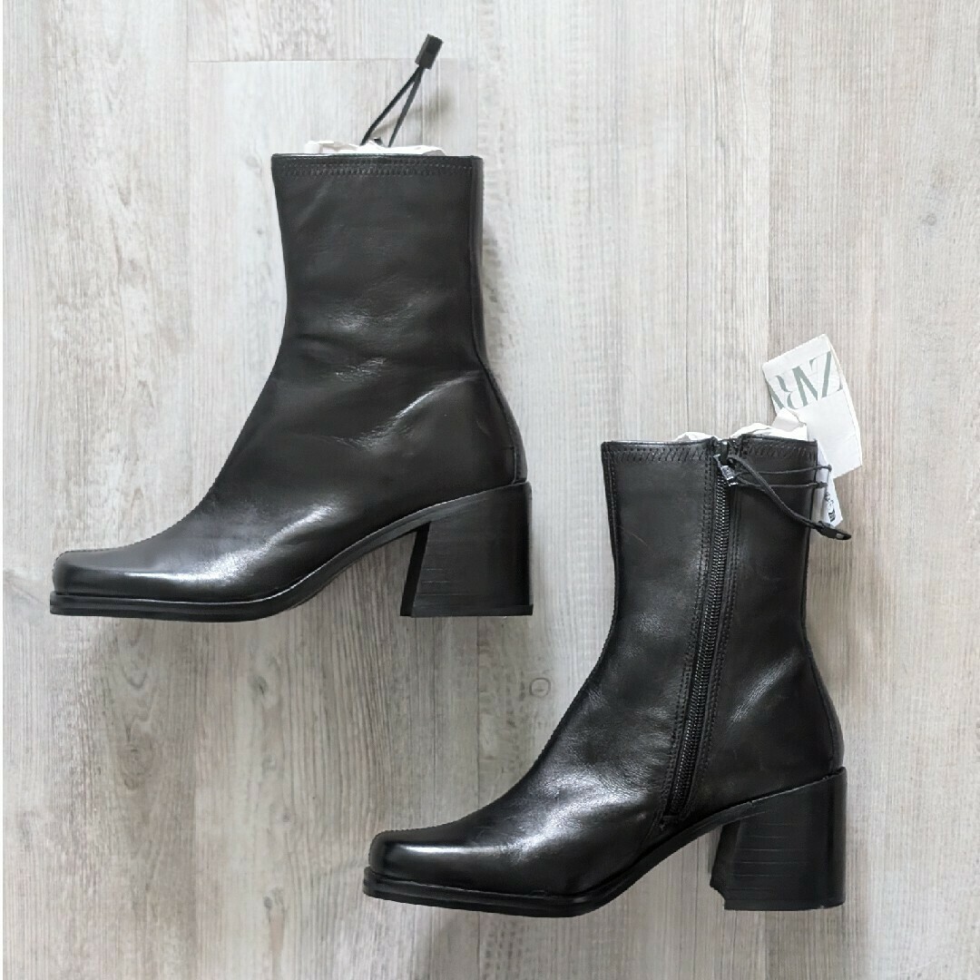 ZARA - ZARA レザーヒール アンクルブーツ 36サイズ ブラックの通販 by