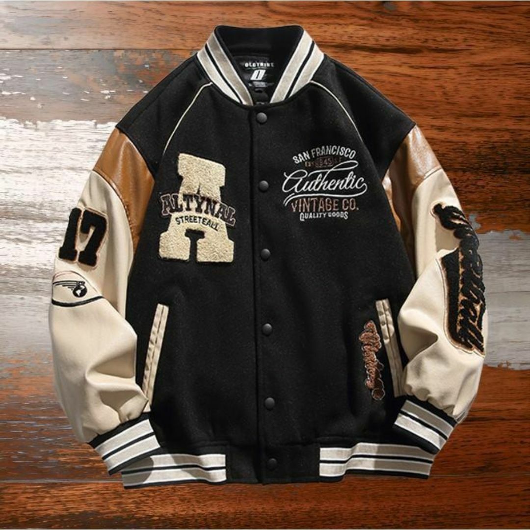 XL⚾スタジャン ワッペン ロゴ オーバーサイズ 中綿なし ストリート 黒