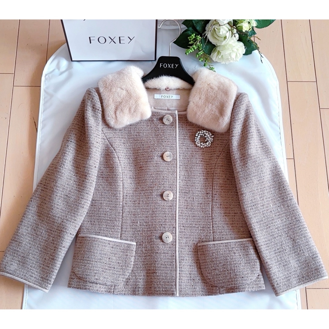 FOXEY - FOXEY ミンクファ衿付き高級ツイートスカートスーツ38新品同様
