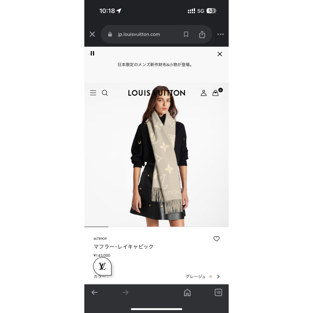 LOUIS VUITTON - ルイヴィトン レイキャビック マフラー グレージュの