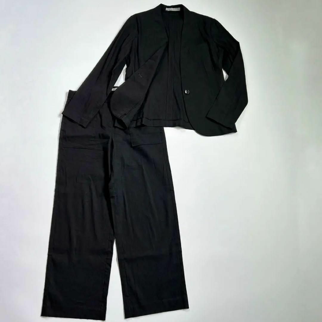 美品】セオリー スーツ セットアップ ノーカラー リネン L ブラック