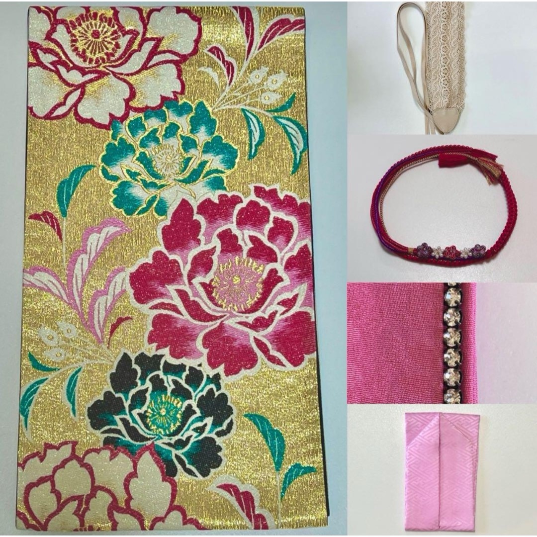 正絹共仕立て長襦袢付き 吉祥花文振袖 赤 花柄振袖 レース帯 ガード