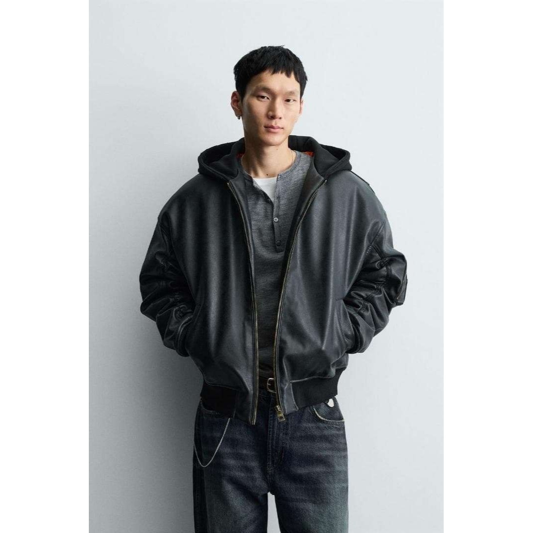 ZARA - ZARA ザラ コントラストフード付きフェイクレザー ジャケット L