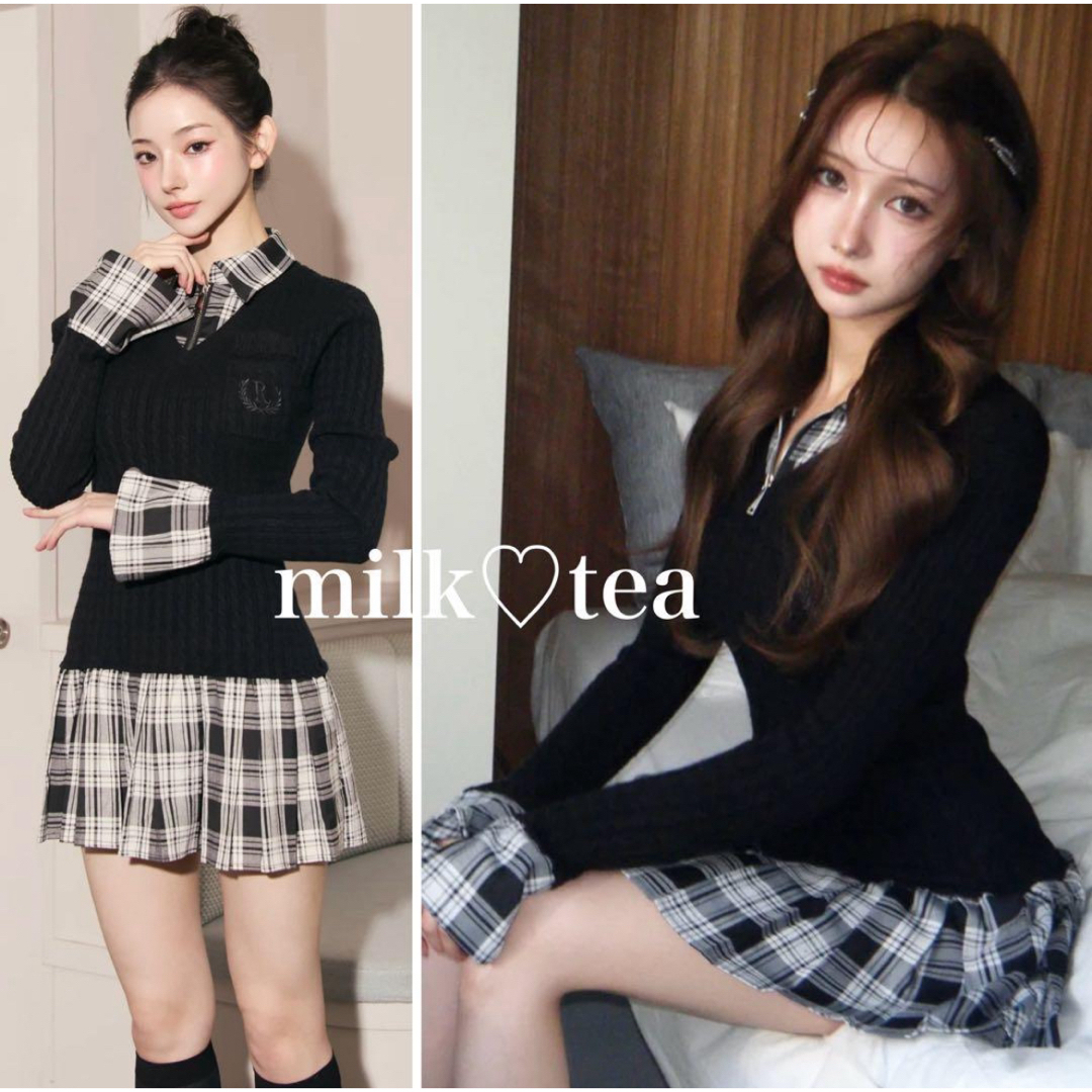 新品タグ付 Randy カービーニットチェックドッキングワンピース ブラック