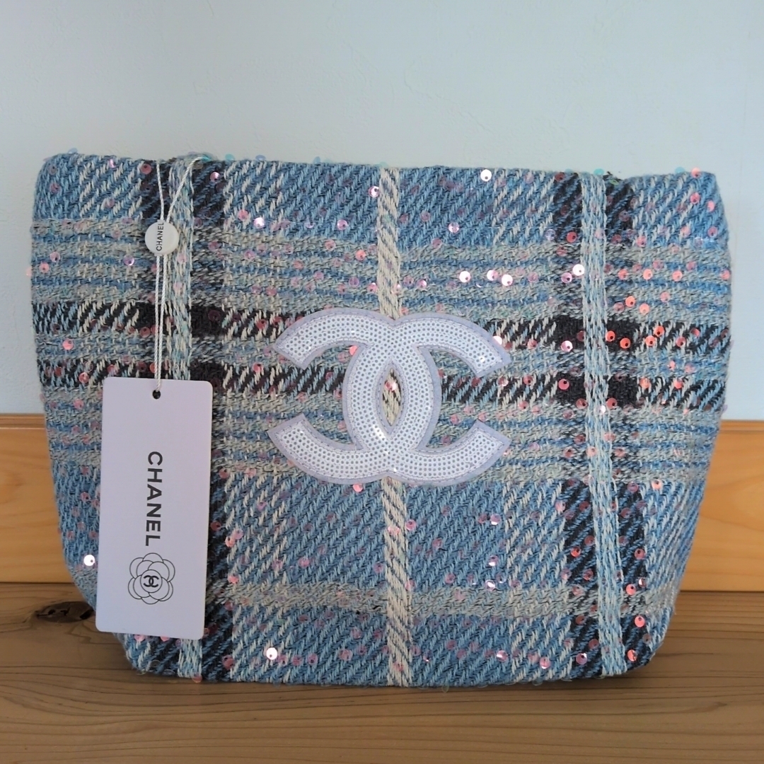 CHANEL - シャネルトートバッグ青チェック柄 スパンコール ノベルティ