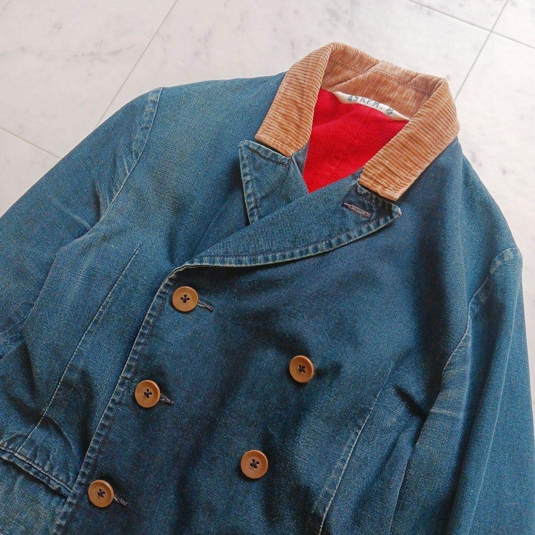 45R - 45R インディゴ デニムコート コーデュロイ襟 ダブルボタンの