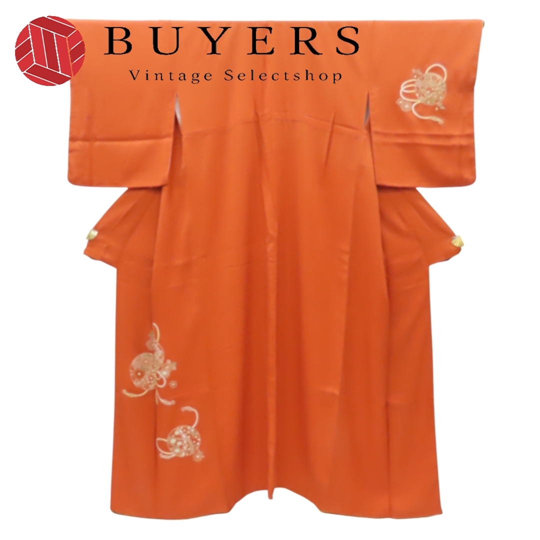 中古】 訪問着・付下 正絹 橙 オレンジ 相良刺繍 鞠模様 和装 呉服