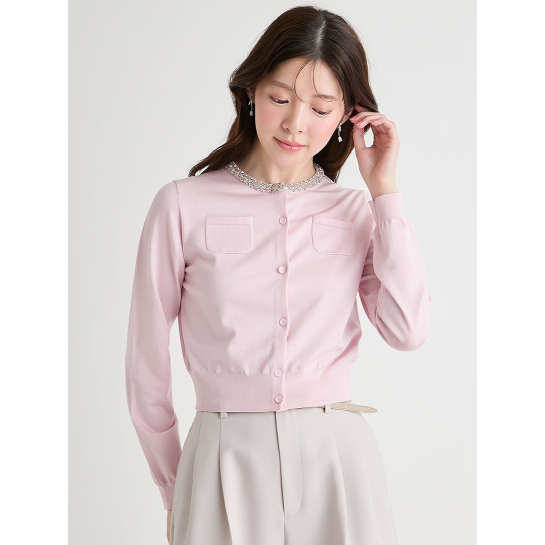 CELFORD - CELFORD シルクブレンドビジューネックカーディガン ピンク