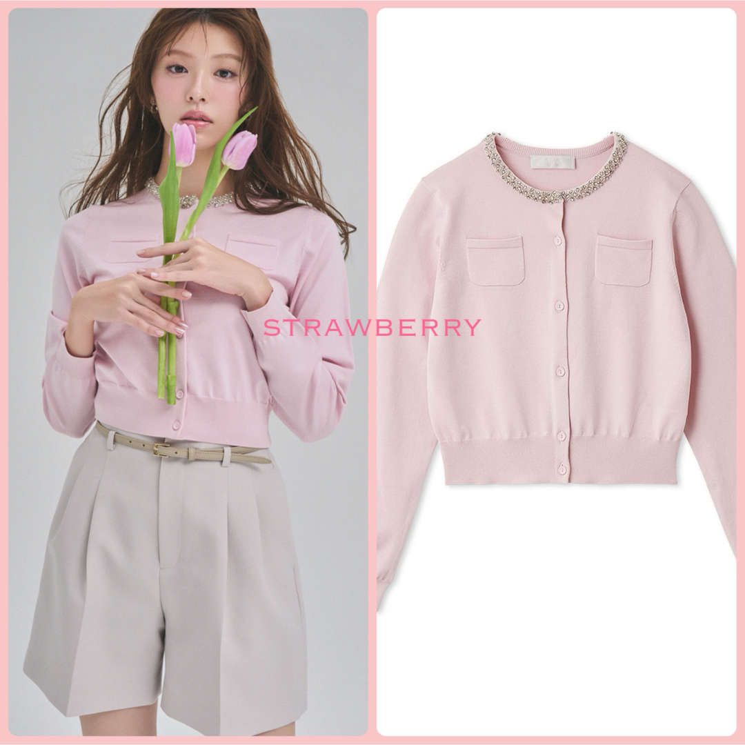 CELFORD - CELFORD シルクブレンドビジューネックカーディガン ピンク