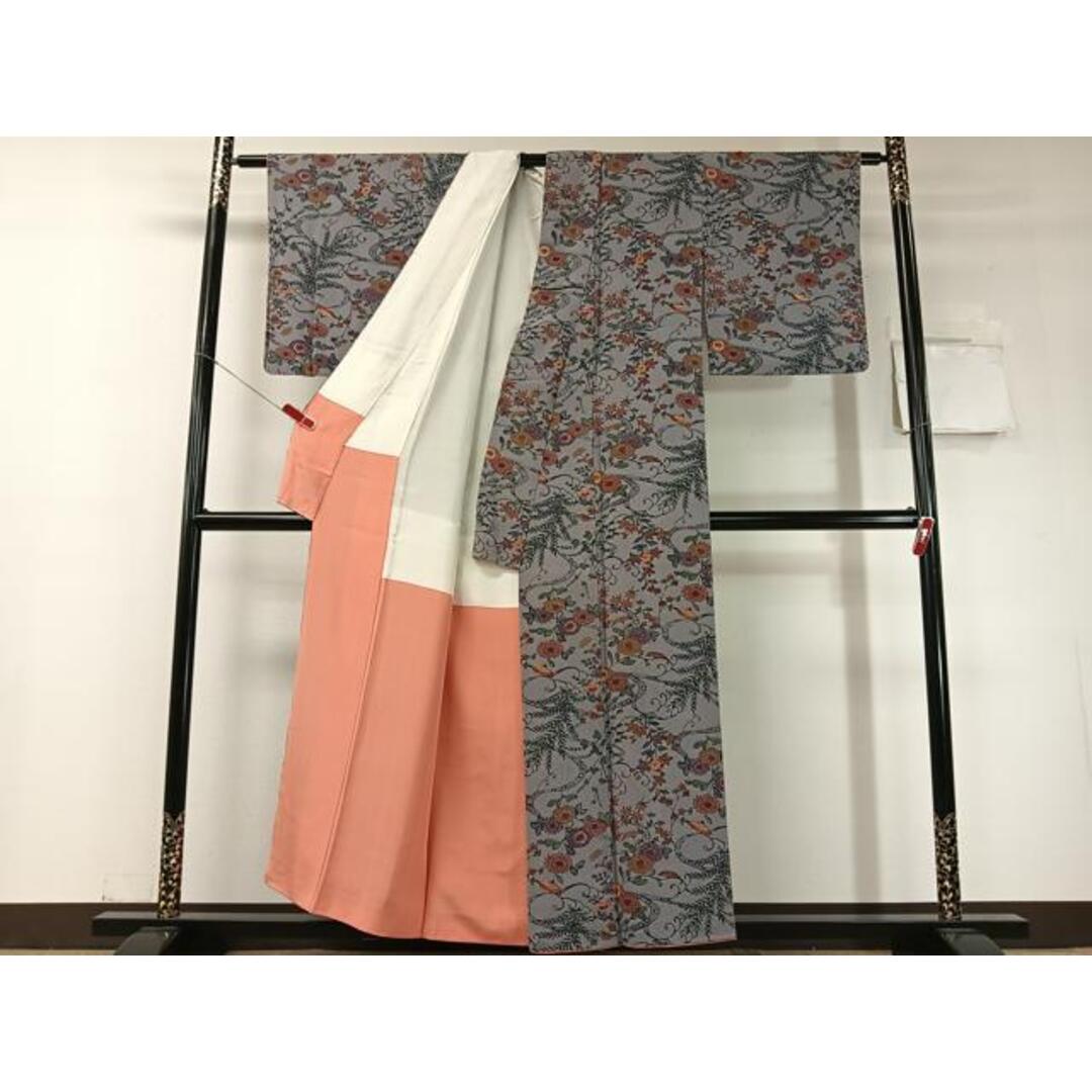 平和屋着物○上質な小紋 型染め 流水菊文 鬼しぼ縮緬 正絹 逸品