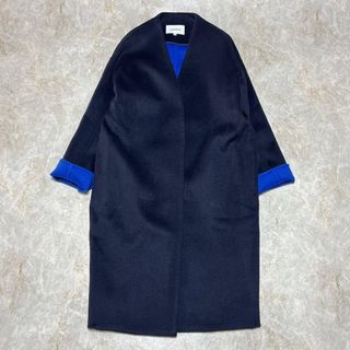 ENFOLD - ENFOLD ウール ノーカラー リバー ロングコート グレー × 緑