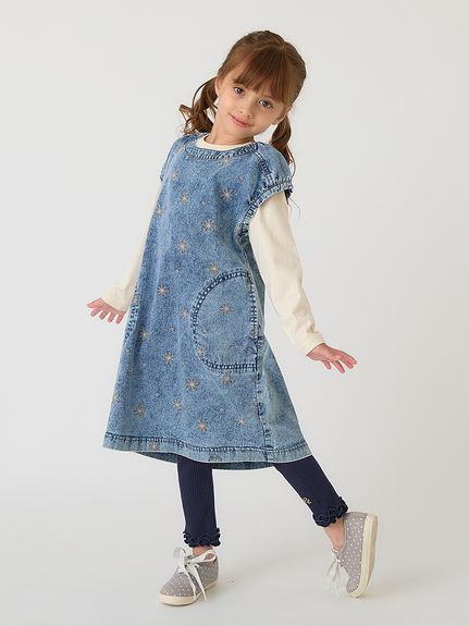 フラワードット刺繍7オンスストレッチデニムワンピース（ノースリ