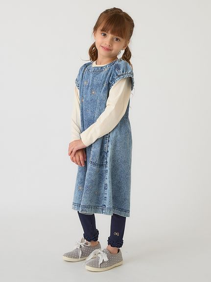 フラワードット刺繍7オンスストレッチデニムワンピース（ノースリ