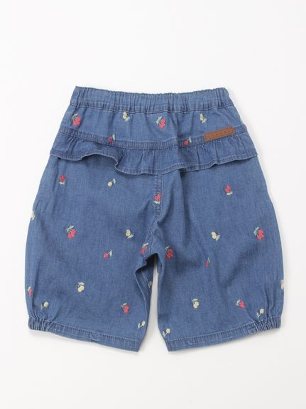 チェリー/リボン刺繍ストレッチデニムコクーンパンツ（ハーフパンツ