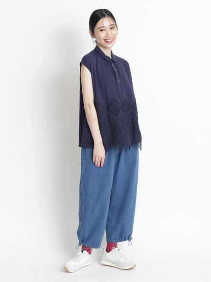 コットンカルゼスクエアケミカルレースフレンチスリーブブラウス