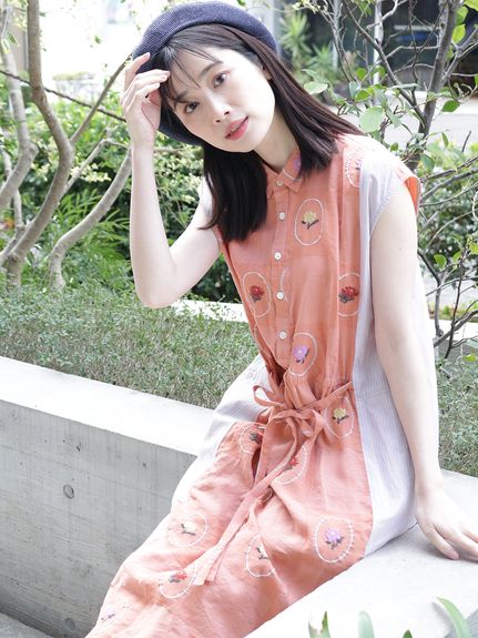 窓辺の花ジャカード×ストライプノースリーブワンピース（ノースリーブ