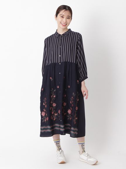 ブロッサムヴァインカットジャカード+ストライプシャツワンピース(前