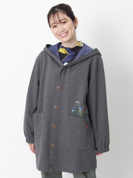 裏起毛裏毛ビドゥンガーデン刺繍フーディミドルコート（パーカー