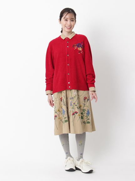 ソフトコーデュロイスタンディングフラワー刺繍シャツワンピース(前