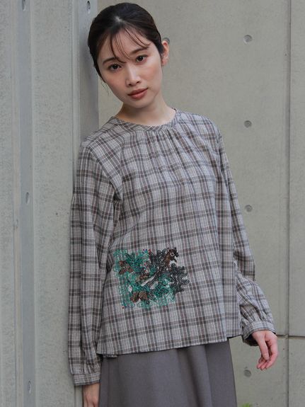 SUPER HAKKA×サクマ ユウコ 「森の家」モチーフ刺繍 先染めコットン麻