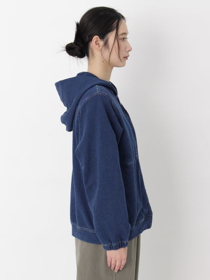 コットンストレッチインレイデニム フラワーボーラー刺繍フーディ