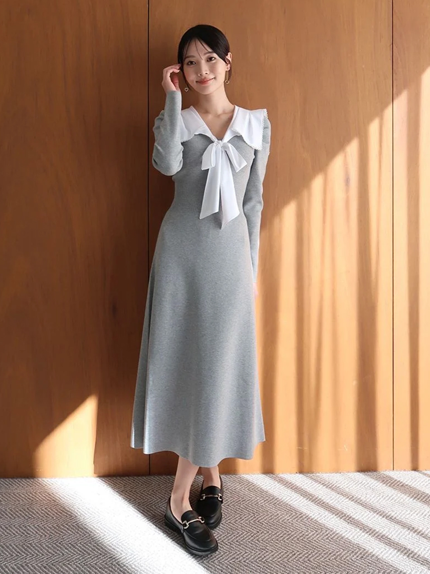 セーラーカラーニットワンピース(マキシ・ロングワンピース