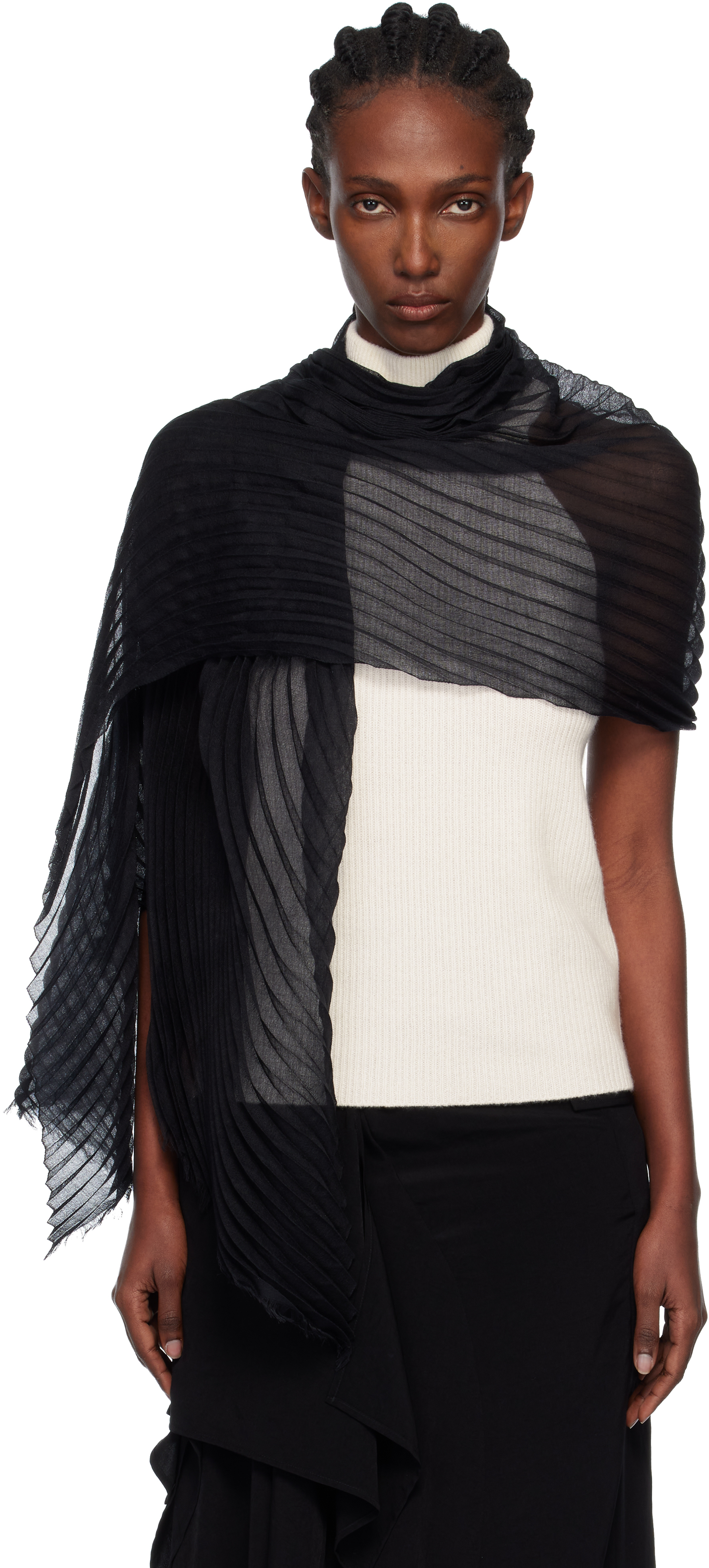 Black Silk Wool Pleats Stole Scarf by ISSEY MIYAKE on Sale