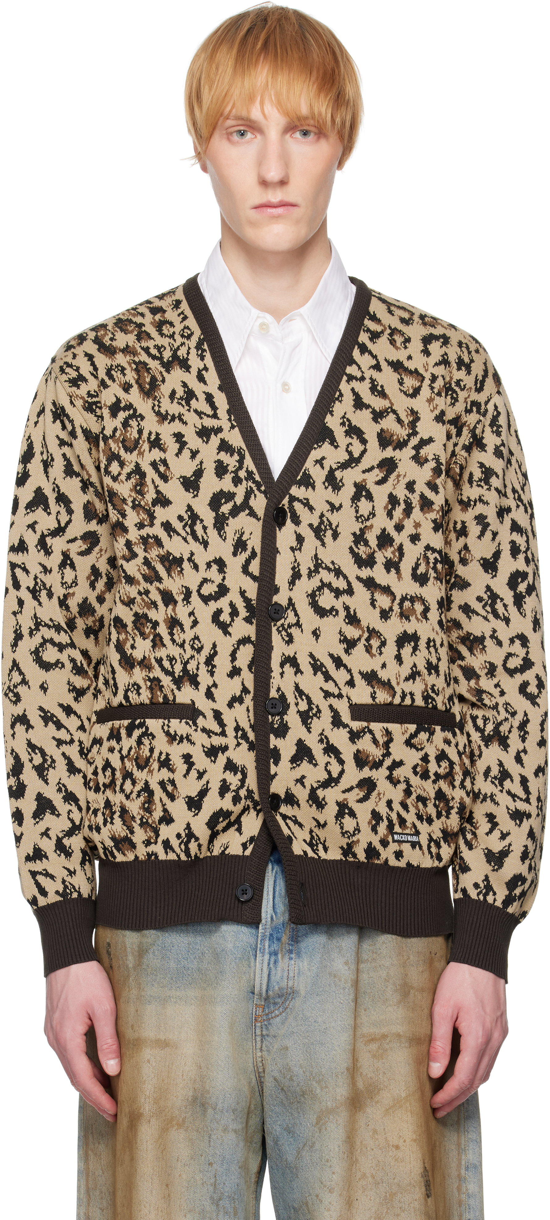 Beige Leopard Jacquard Knit Cardigan by WACKO MARIA on Sale
