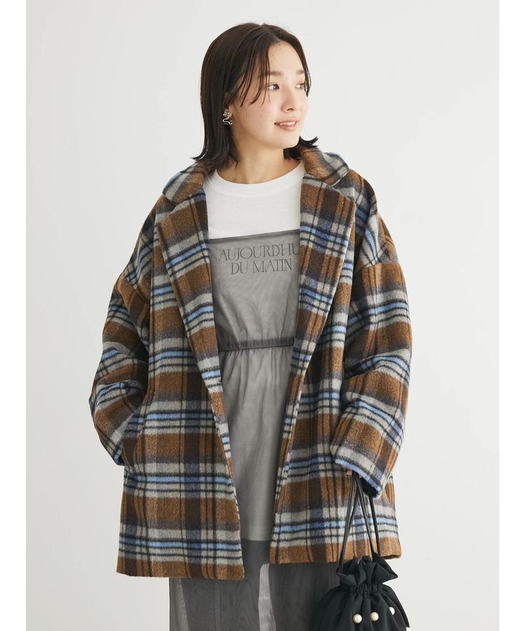 ELENCARE DUE シャギーチェックミドルコート/Green Parks（グリーン