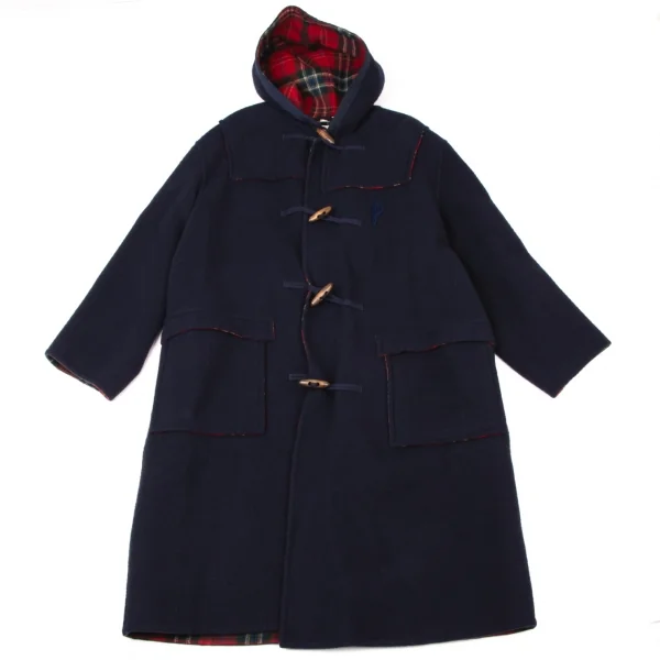 パパスPapas チェッカーライニングダッフルコート 紺赤L (K-136647)
