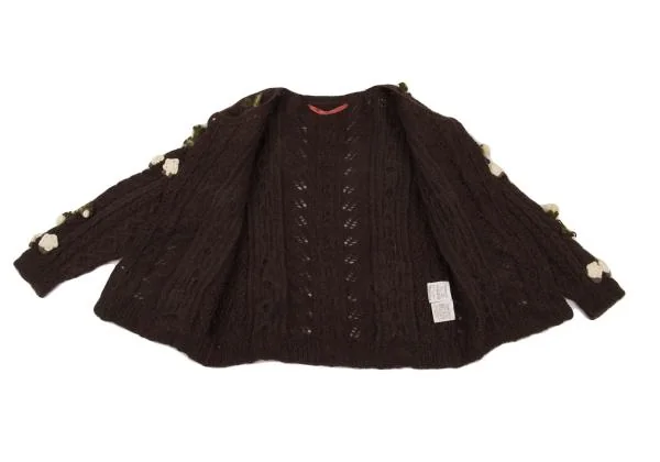 ピンクハウスPINK HOUSE 薔薇コサージュケーブルニットカーディガン 茶