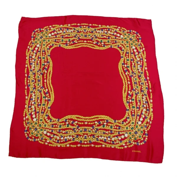 シャネルCHANEL 宝石チェーンプリント大判スカーフ 赤 (K-109630)