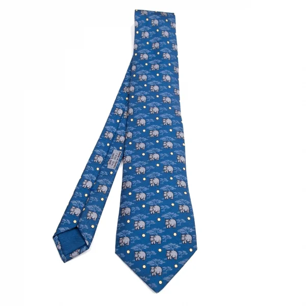 エルメスHERMES サファリプリントシルクネクタイ 青 (K-114141)