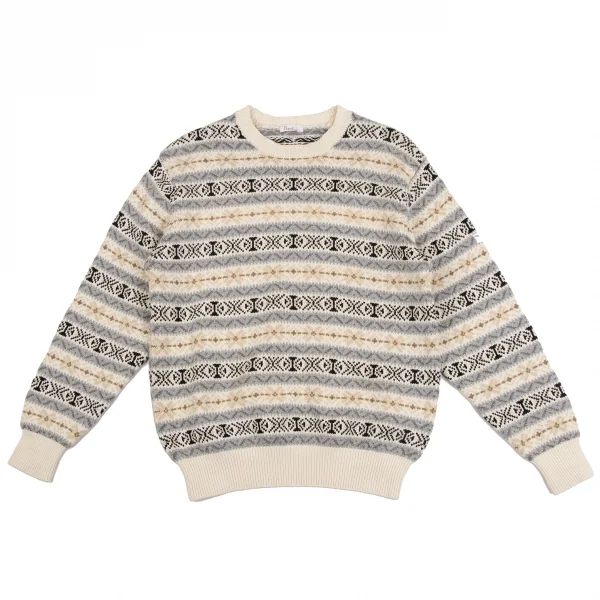 パパスPapas コットンフェアアイルニットセーター アイボリーグレー他M