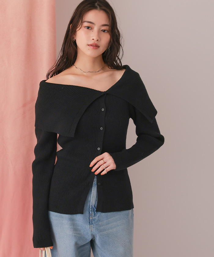 アシンメトリーオフショルダーニットトップス | titivate