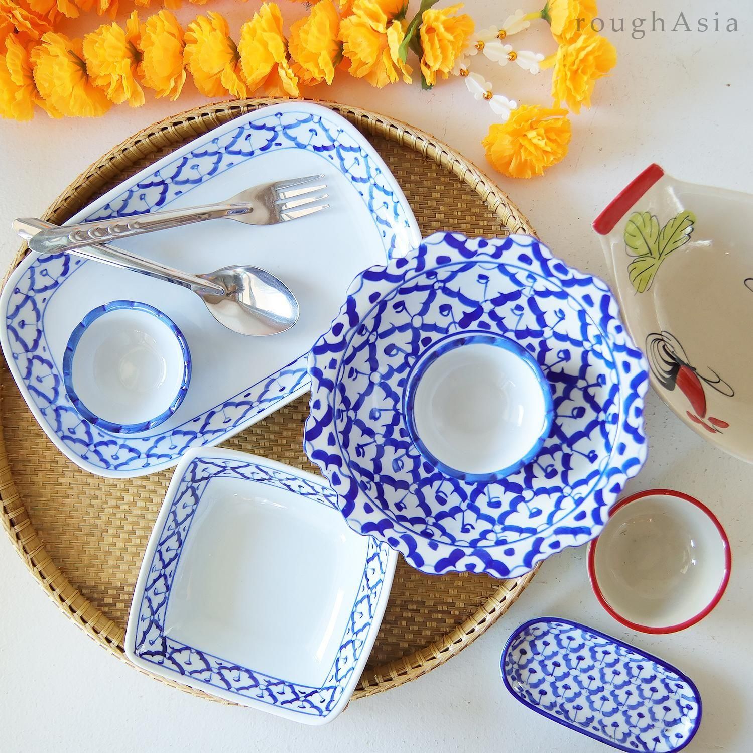 タイ》ブルー＆ホワイト パイナップル柄スクエアボウル Sサイズ