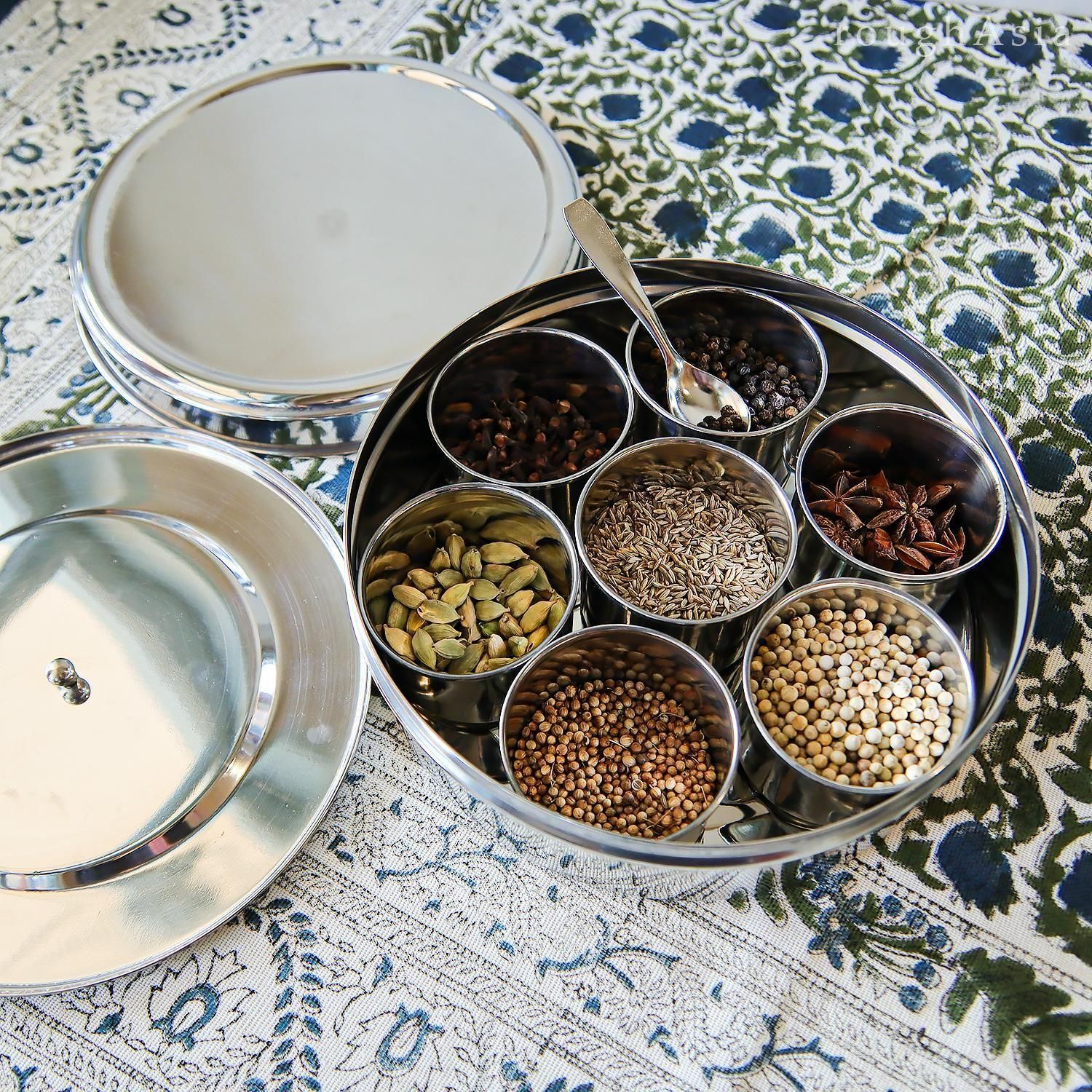 インド》ステンレス製 内蓋付きマサラスパイスボックスセット