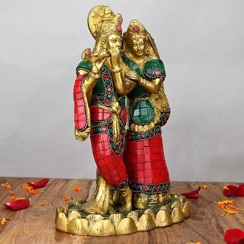 ラーダー・クリシュナ神像（真鍮製、石細工）（受注製作