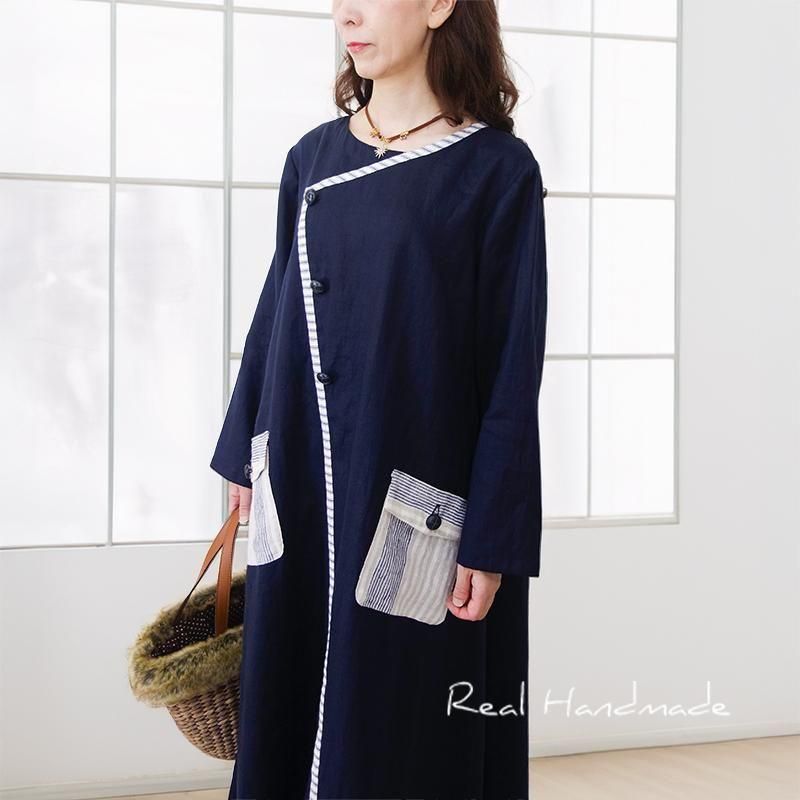 ネイビーリネン|フラップポケットマキシワンピース - REAL HANDMADE