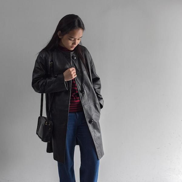 レディース] 80's ヴィンテージ ノーカラー レザーコート - レディース
