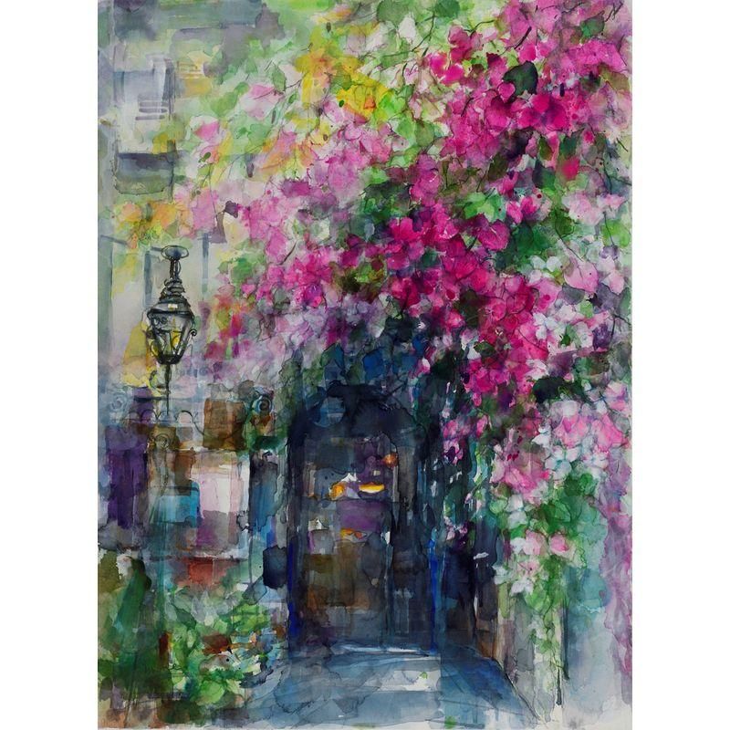 透明水彩画 原画 「花の咲く路地08」額縁付 B3サイズ 風景画 花の咲く