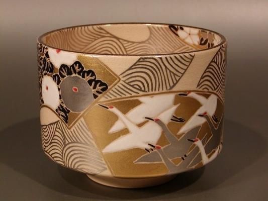 茶道具 抹茶茶碗 色絵 扇面流水 プラチナ釉、 京都 水無月窯 藤谷芳哉