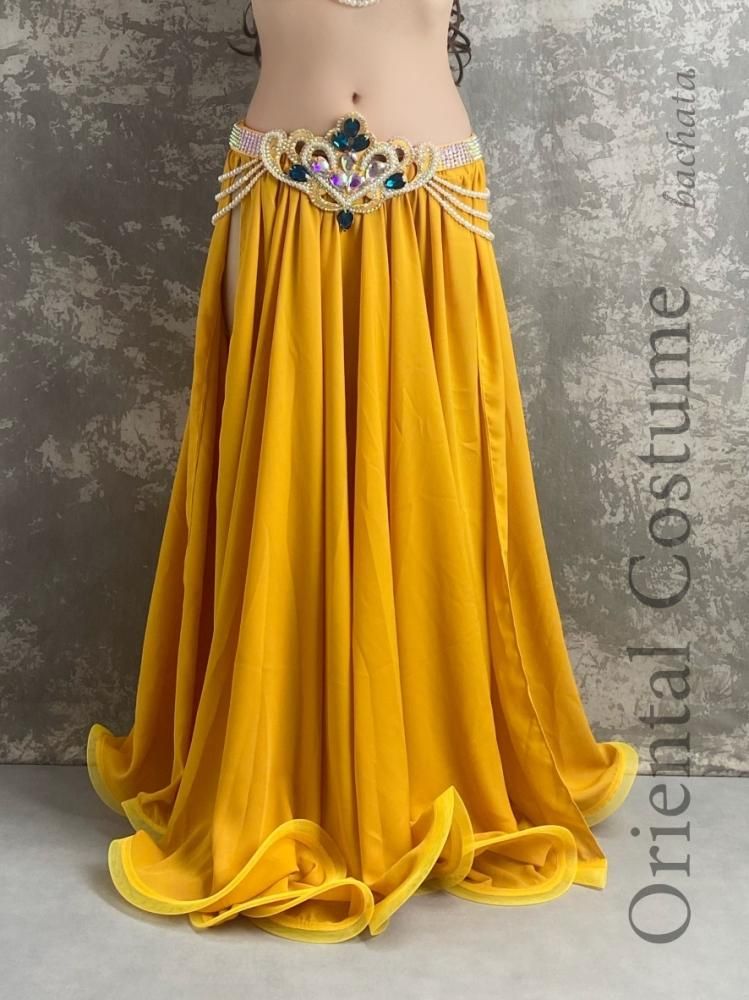 ベリーダンス衣装 ホワイト/マスタードCT0413 (M-L) - bachata ベリー