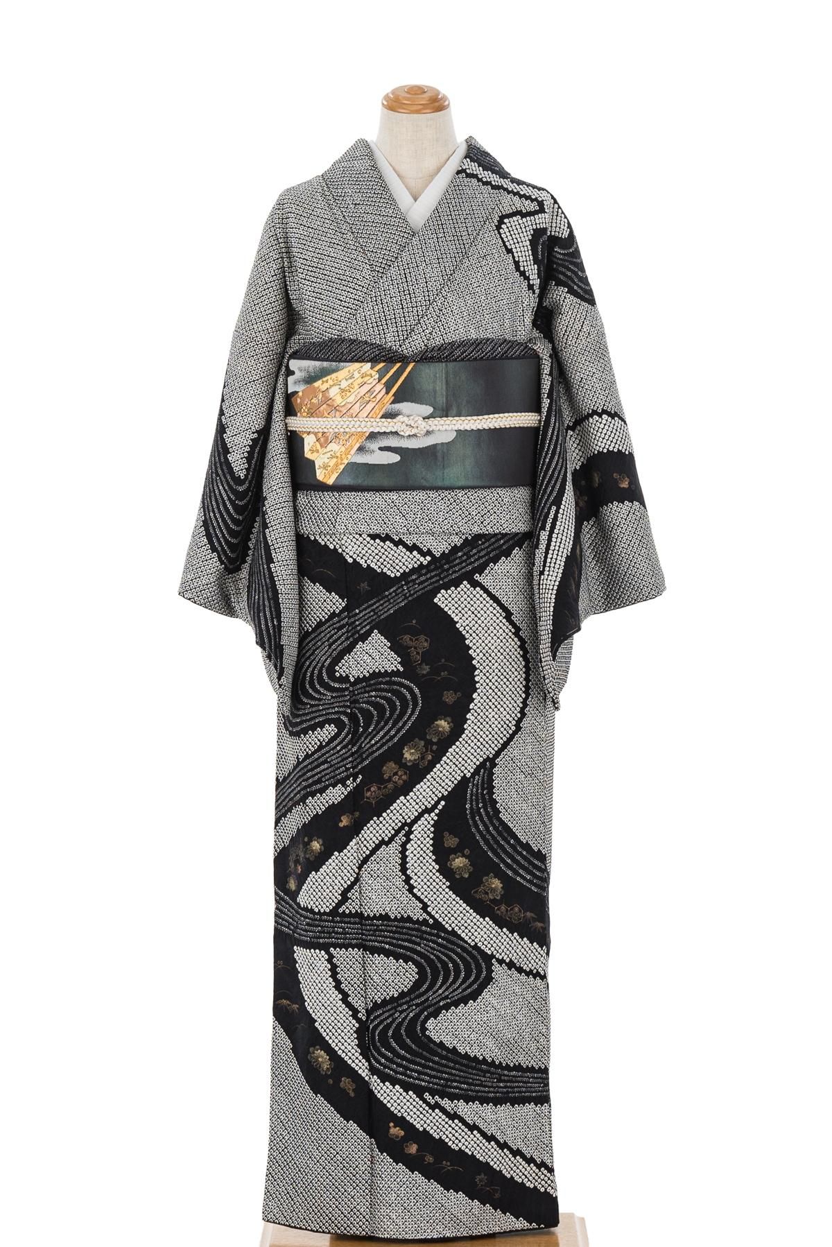 総絞り 訪問着 流水に金彩花 - からん::アンティーク着物・リサイクル