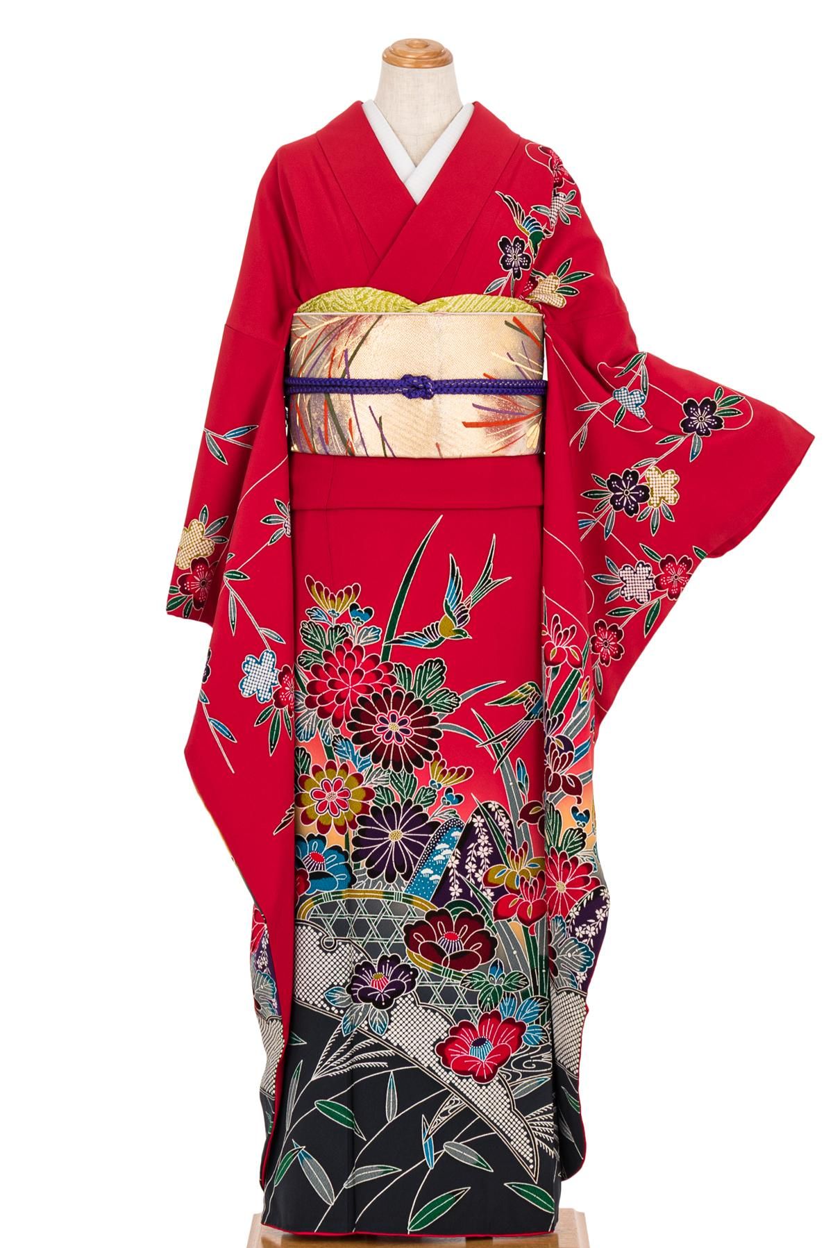 振袖 京紅型 花鳥模様 - からん::アンティーク着物・リサイクル着物の