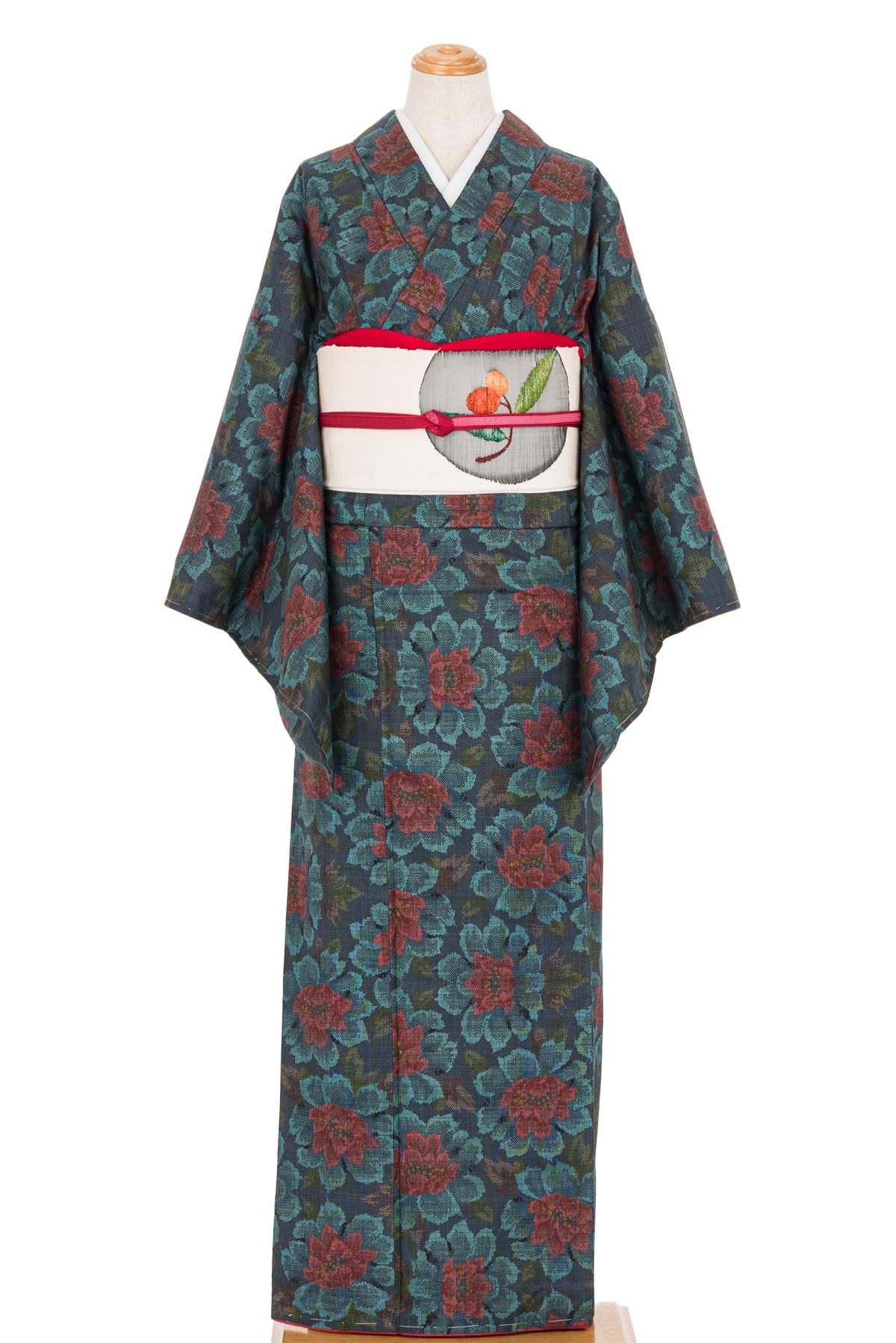 大島紬 牡丹 - からん::アンティーク着物・リサイクル着物の通販サイト