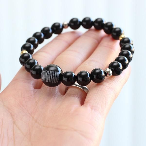 数珠ブレスレット 般若心経彫刻 1玉彫刻オニキス オニキス 24Kメッキ