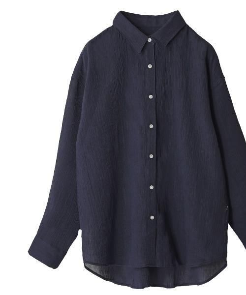 麻100% ちぢみ ちび襟 ブラウス | ネイビー - 楊柳生地 専門店 山城